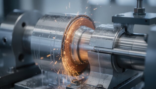 Medium shot of a precision machine performing plunge grinding on outer raceways focusing on the meticulous shaping of race profiles with glowing sparks under wet coolant.