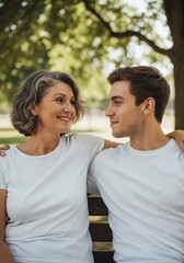 Obraz premium Woman and young man sitting on park bench. Mother and son looking at each other with smile. Family bond and support concept. Happy relationship between generation in sunny nature spot.