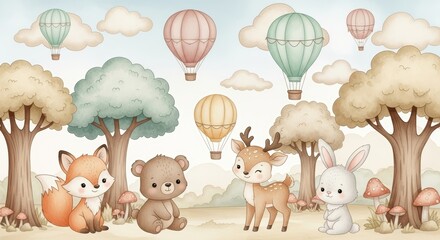 Fototapeta premium Cute forest animals with hot air balloons in nursery wallpaper. Fox, bear, deer and rabbit in woodland scene for nursery decor. Watercolor style illustration for child room decoration.