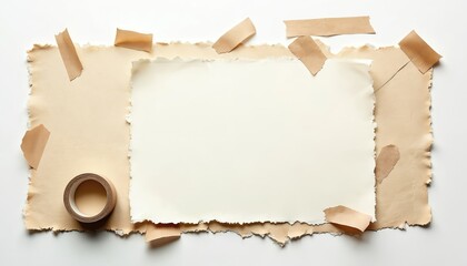 Fototapeta premium Layered torn paper sheets and a roll of brown tape create a rustic memo board. Blank space offers room for messages, notes, or designs. This vintage office concept feels classic and stylish.