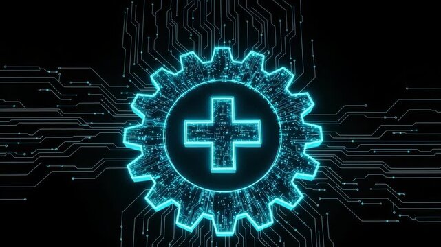 Glowing Digital Cross Inside Gear Technology Medicine Set Against Circuit Board Background For Healthcare Technology Scientific Fields Conveying Innovation