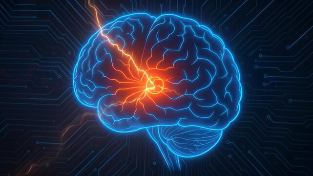 Neural Surge: A luminous brain is intricately woven with circuit lines, pulsating with a burst of radiant energy, symbolizing the vibrant activity of cognitive function.