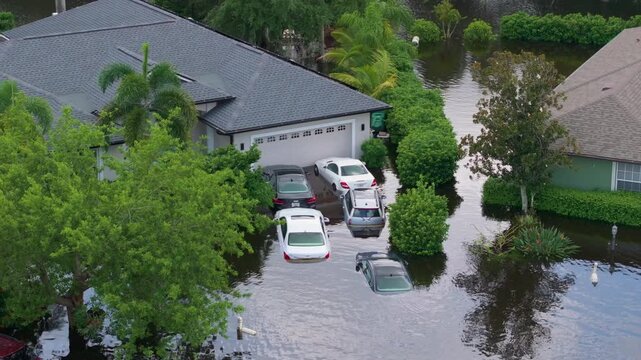 Hurricane flooded cars on house driveways in surrounded with water Florida residential area. Consequences of hurricane Debby natural disaster.