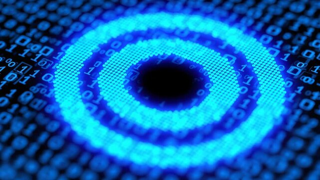 Digital Target: Illuminated by ethereal blue light, a target symbol emerges from a digital matrix of binary code, representing precision, accuracy, and the focus within the technological realm.