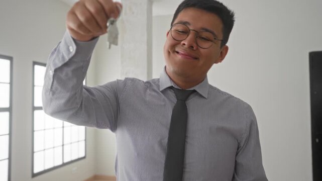 Man in striped shirt and tie holds key with outstretched hand and smiling face in building room with window and glasses visible; pride.