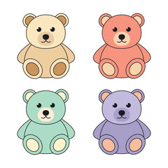 Adorable Pastel Colored Stuffed Animals: A Charming Collection of Four Cartoon Teddy Bears on White © Tabungan Piknik