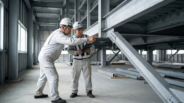 本人で50代のベテラン男性作業員が若手に鉄骨の接合部を説明している大型建設現場。タブレットを持つ新人、技術継承と人手不足解消、安全点検の様子、背景に広い構造物。
