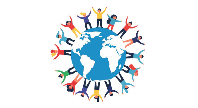 Diverse people circle the globe celebrating unity and diversity.