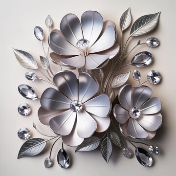 Metallic silver flowers with crystal centers and detailed leaves on a light background