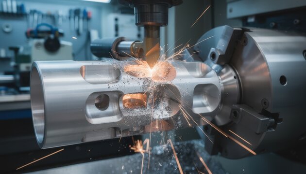 Medium shot focusing on titanium suppressor baffle machining highlighting the cuttingedge tooling shaping lightweight durable internal tubes with sparks flying in a hightech