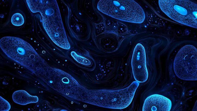 Microscopic view of glowing blue bacteria. Biological cell division and cellular interaction for genetic research. Abstract medical visualization of microbiology.