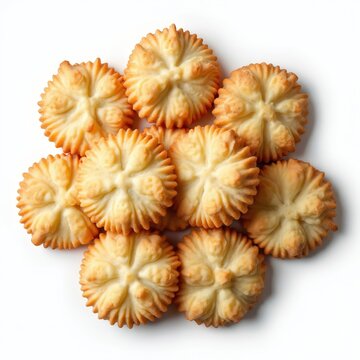 Pile of baked italian amaretti cookies with embossed flower pattern. Small, round, crunchy almond biscuits on white background, ready for dessert.