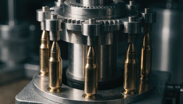 Medium shot of a carousel head steadily pressing heavy crimps on rifle cartridges showcasing precision bullet seating and secure cartridge assembly in a reloading process.