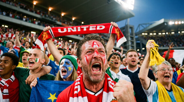Ecstatic football supporters screaming in stadium stands covered in team colors and face paint