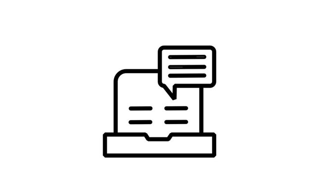 Business Report Writing Motion icon. Motion icon of a laptop or typewriter keyboard with a speech bubble, representing digital content creation and professional business communication.