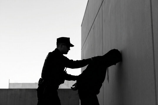 Silhouette of federal agents arresting citizen against a concrete wall for law enforcement and social justice news