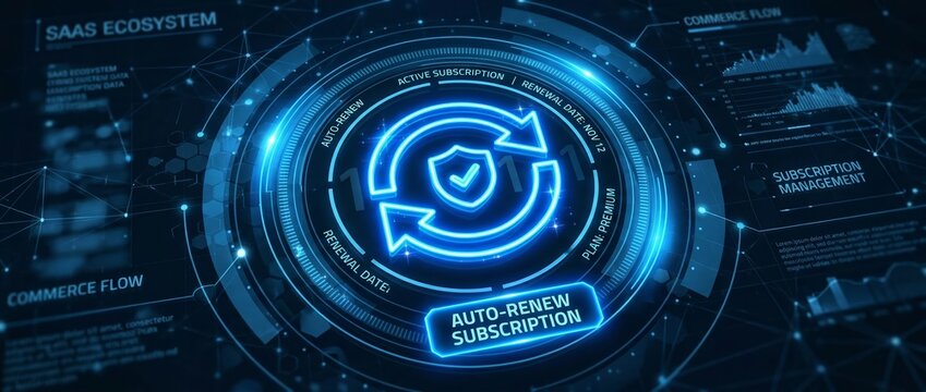 Blue holographic HUD showing auto-renew subscription symbol with circular arrows and shield, representing SaaS subscription management, recurring billing automation and security