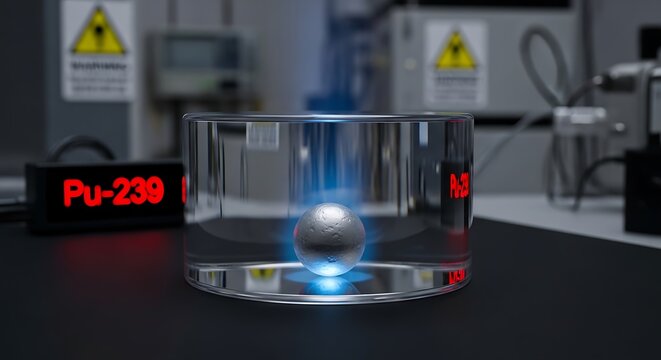 Plutonium-239 metallic sphere glowing in glass container in lab
