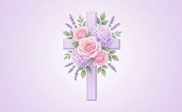 A decorative cross made of pink roses and lavender flowers with green leaves on a light purple background