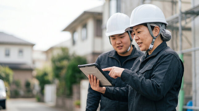 日本人で建設業の40代女性がタブレットを使い若手男性と図面データを確認している住宅街の現場。建築DXによるペーパーレス化と業務効率化、チームで作業を進める様子。