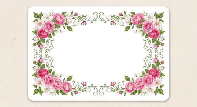 A rectangular frame bordered with pink roses and green leaves on a light beige background
