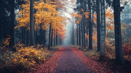 Fototapeta premium Autumn path through forest. Leaves falling. Misty atmosphere. Nature scene