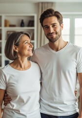 Obraz premium Mature woman and young man standing together at home. Happy son embracing mother. Family bond and love. Relationship between parent and child. Domestic lifestyle and togetherness concept.