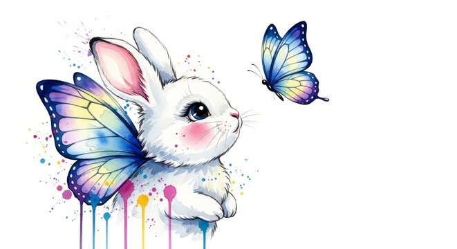 Cute white bunny with fairy butterfly wings looking at a butterfly. Artistic watercolor painting of magical forest animal. Whimsical illustration for children storybook and nursery decor.