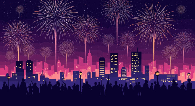City skyline at night with colorful fireworks exploding above.