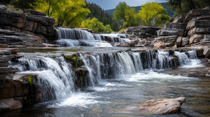 Fototapeta premium Cascading Water Flowing Over Multiple Tiers of Rocks in Scenic Landscape