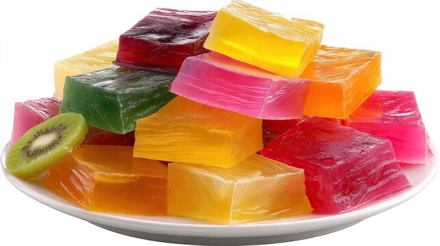 Colorful assortment of fruit jellies on white plate studio food photography