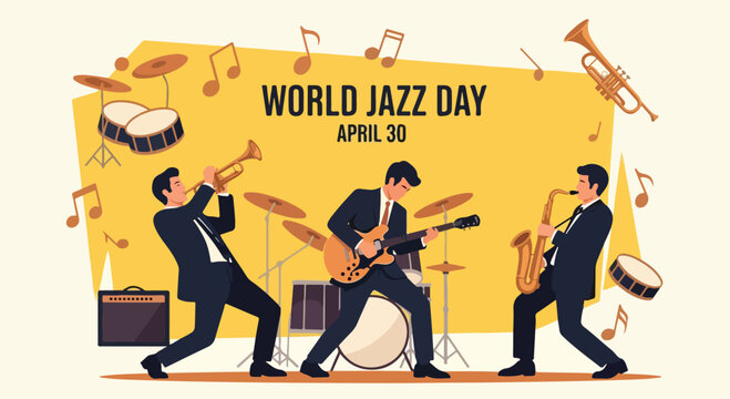 Jazz musicians celebrating International Jazz Day with musical instruments and sheet music