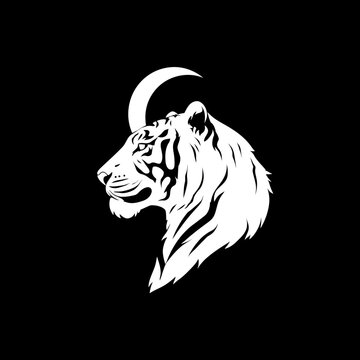 Elegant black and white tiger head silhouette with moon symbol