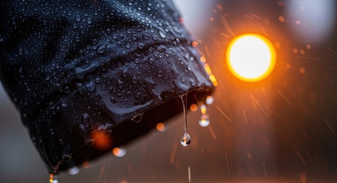 Close-up of water repellent fabric on a rainy day with a large water drop falling