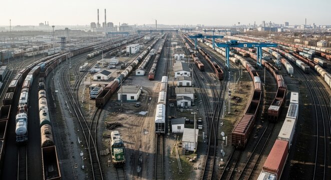 Aerial view of a vast industrial railway shunting yard with multiple freight trains and tracks.