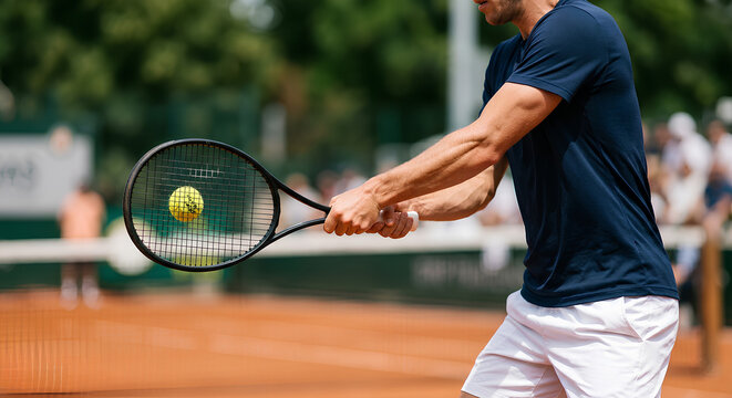 Close-up of a tennis player executing a powerful backhand shot on a clay court during match play with spectators blurred in background.