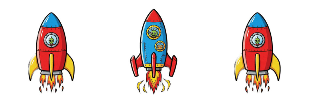 Colorful Cartoon Rocket Ship Illustrations for Kids - Vibrant Space Shuttle Vector Set with Fire Blast for Science Projects, Stickers, and Nursery Decor - Isolated on White Background
