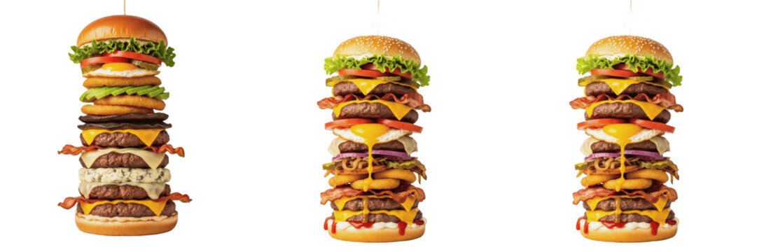 Ultimate Gourmet Monster Burger Tower with Multiple Beef Patties, Melted Cheese, Crispy Bacon, and Fresh Toppings - Giant Tall Stacked Cheeseburger Food Photography on White