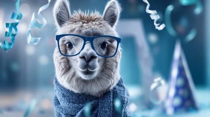 Fototapeta premium Adorable Alpaca Wearing Novelty Glasses and Scarf at a Celebration Party