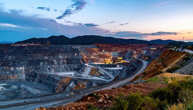 Vast open-pit rare earth mine in twilight, showcasing industrial excavation and resource extraction operations under a dramatic sky.