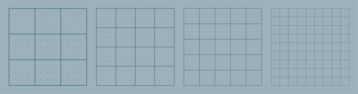 Square grid collection micro dot geometry, four samples blueprint style. Uniform point lattice structure, interface layouts editorial compositions planning sheets dashboards digital technology graphic