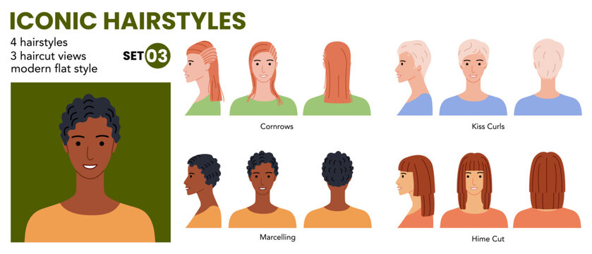 Iconic hairstyles infographic set with labeled cornrows, hime cut, kiss curls and finger waves, modern flat layout for education and hairstyle reference