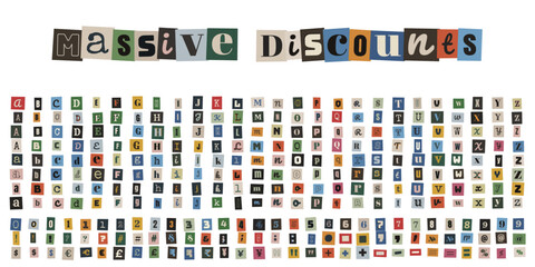 Ransom note style alphabet and numbers for creative marketing and massive discounts promotion. © velikiyzayats