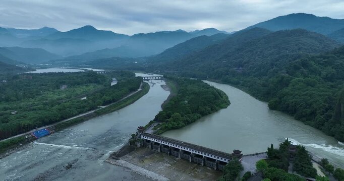 Aerial footage of landscape in dujiangyan, Sichuan province,China