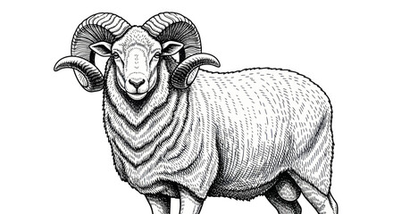 Ram with Large Curved Horns, Detailed Ink Drawing, Black and White © udin