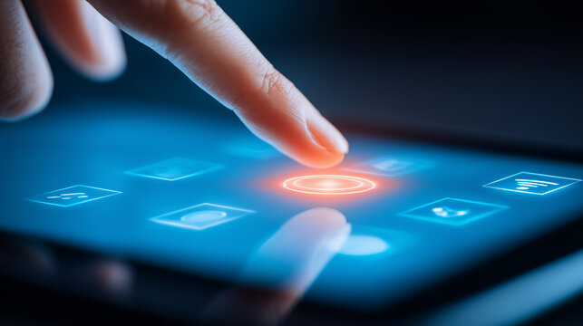 A finger touching a digital interface representing smart control, interactive technology, and the seamless experience of modern connected devices.
