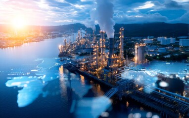 Fototapeta premium Aerial View of Coastal Oil Refinery Complex with Pipelines and Smoke Stacks