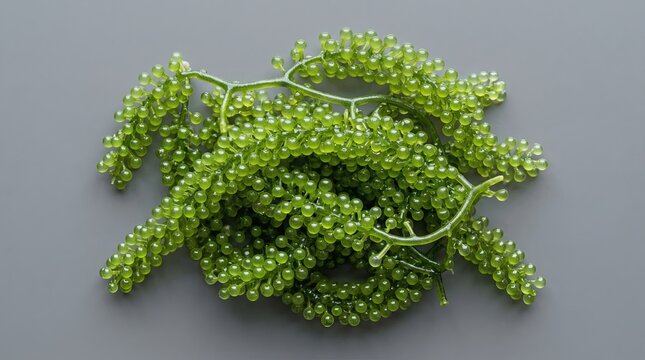 Fresh Caulerpa lentillifera also known as sea grapes or green caviar on a grey minimalist background.