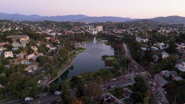 Echo Park Lake Aerial View at Sunset Los Angeles California, November 25 2025