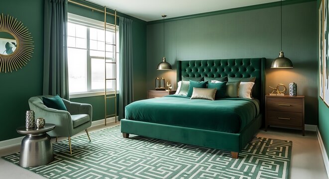 A luxurious green bedroom with a large bed and modern furniture